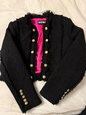 Katie J NYC Black Tweed Jacket with Hot Pink Lining
